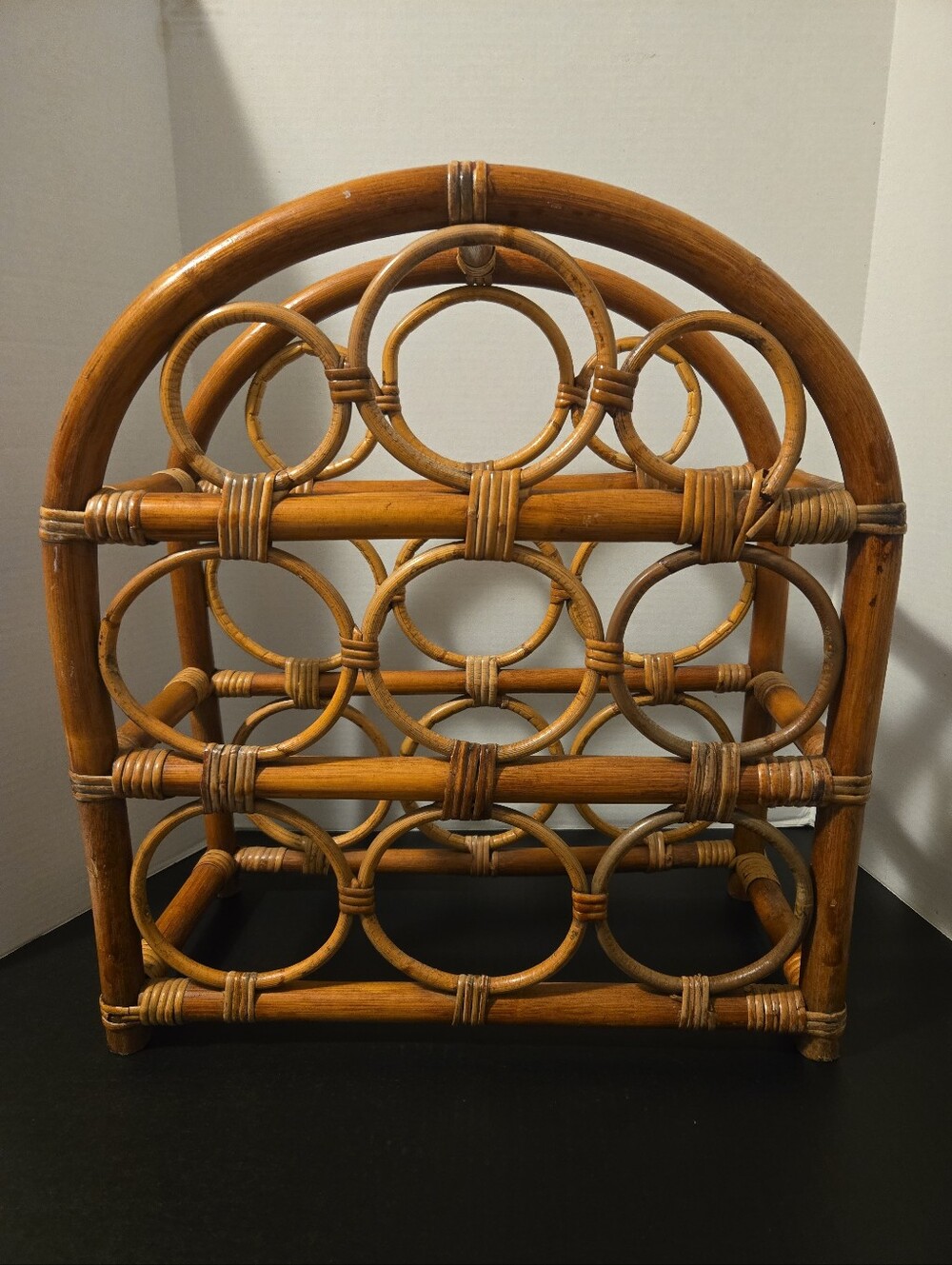 Vintage Rattan Wooden Wine Bottle Rack. MCM 7 Bottles